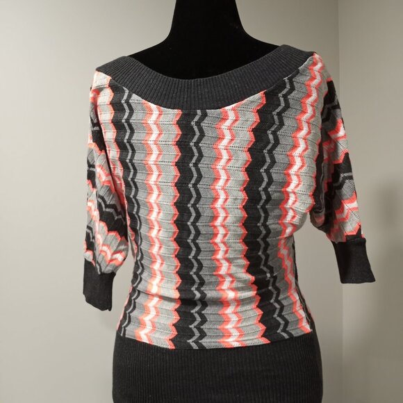 POOF BROWN|GREY STRIPED GEOMETRIC SHORT SLEEVE KNIT TOP WOMEN SIZE M - Picture 7 of 8